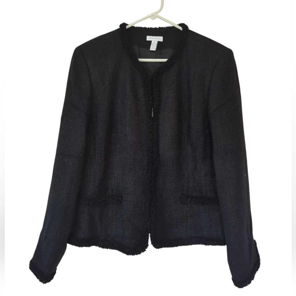 Charter Club Fringe Embellished Sparkly Wool Blend Dressy Blazer 16 Black